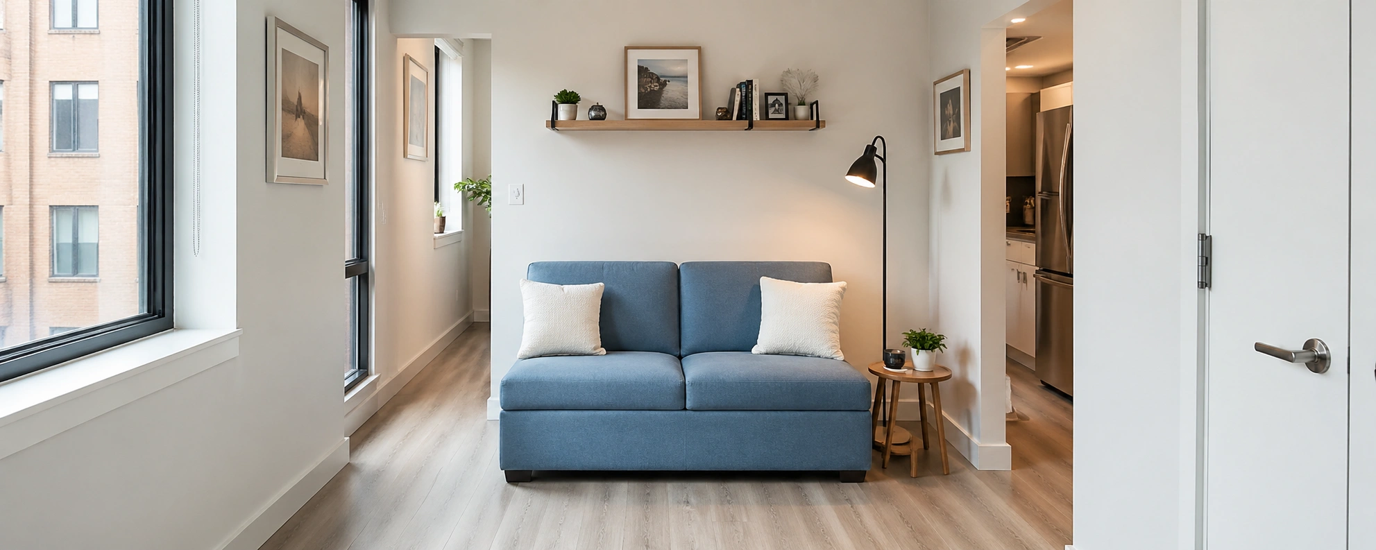 Armless sofa in a small apartment living room maximizing floor space