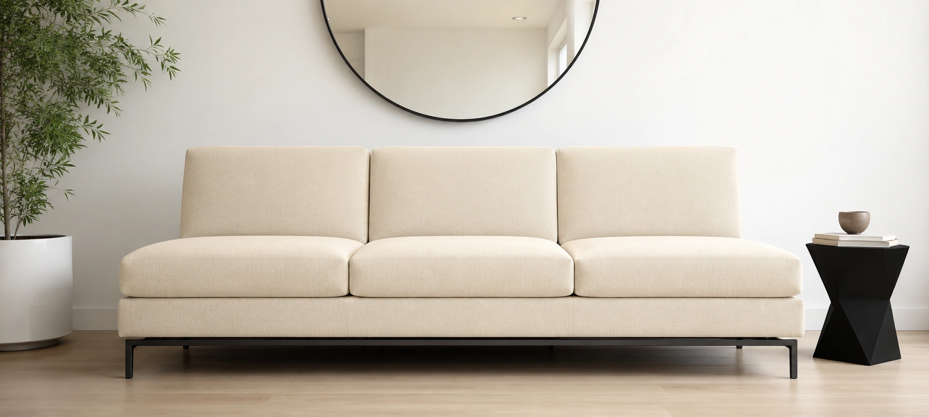 Straight modern armless sofa with clean lines in a minimalist living room