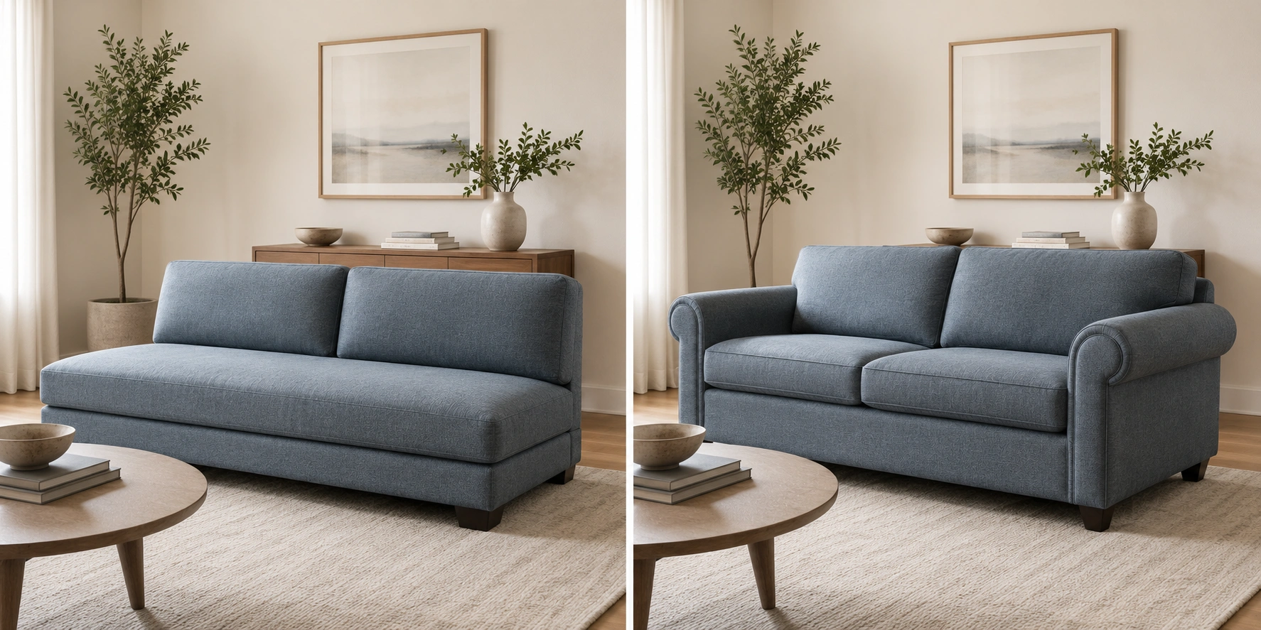 Side by side comparison of an armless sofa and a sofa with rolled arms in the same living room