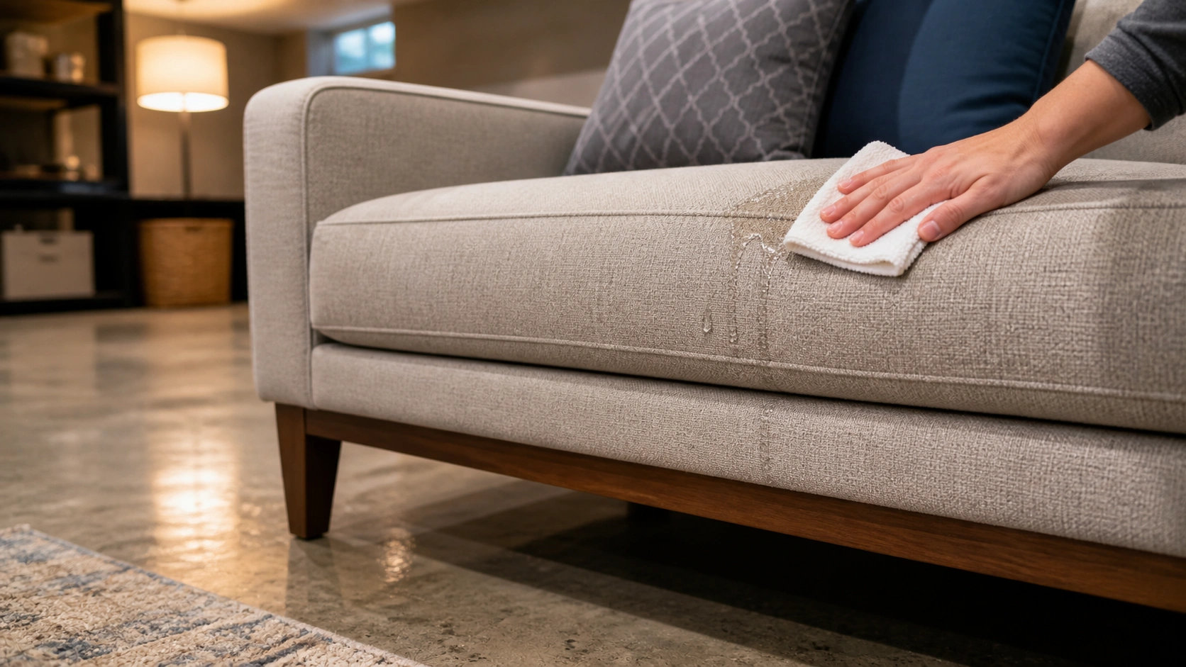Durable fabric sofa in a finished basement rec room