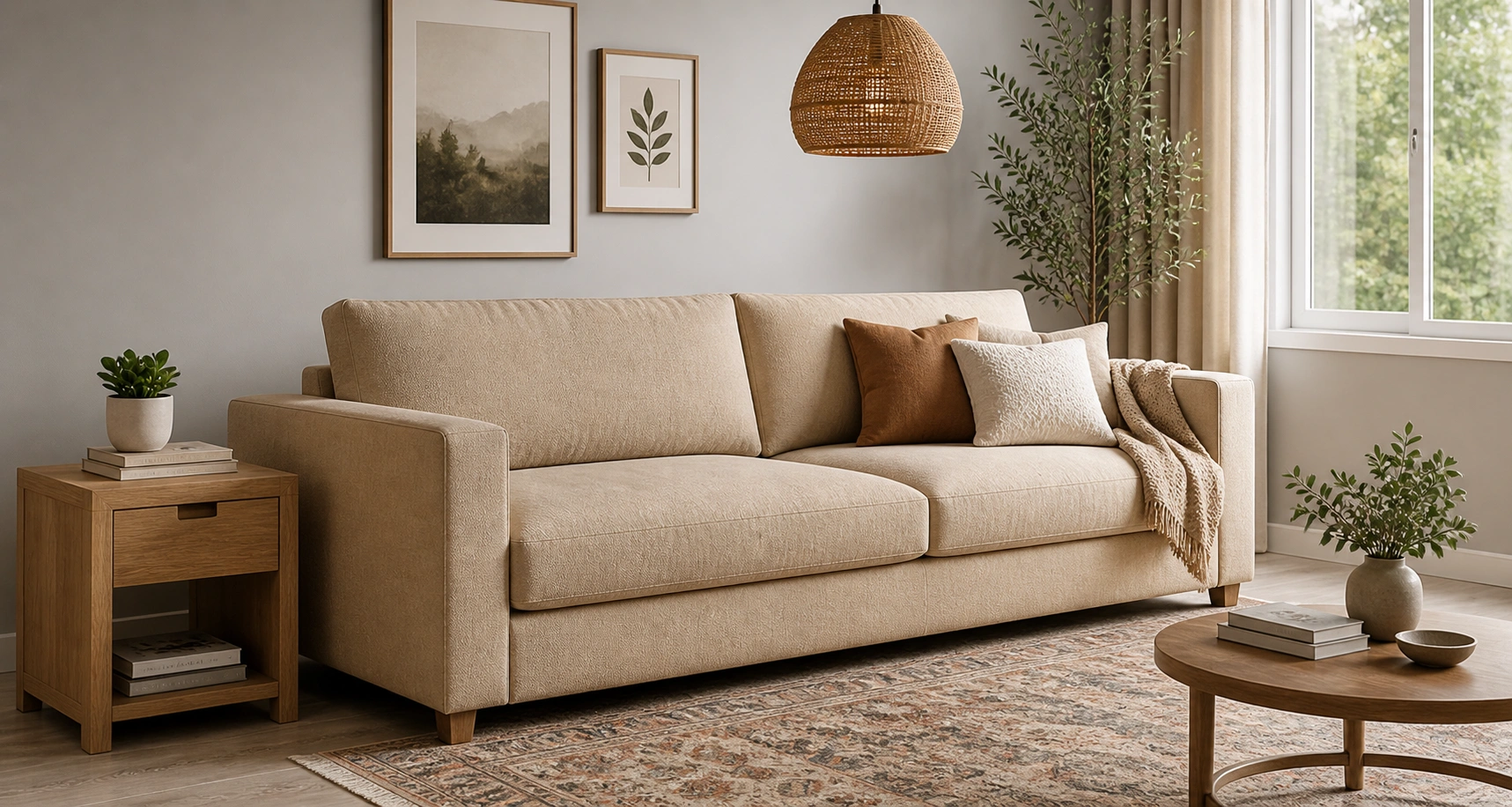 Beige neutral tone sofa in a well-lit living room with natural wood accents