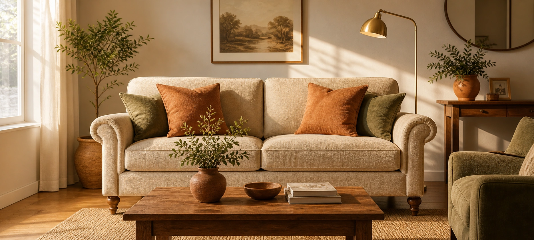Warm beige sofa with natural light in a cozy living room