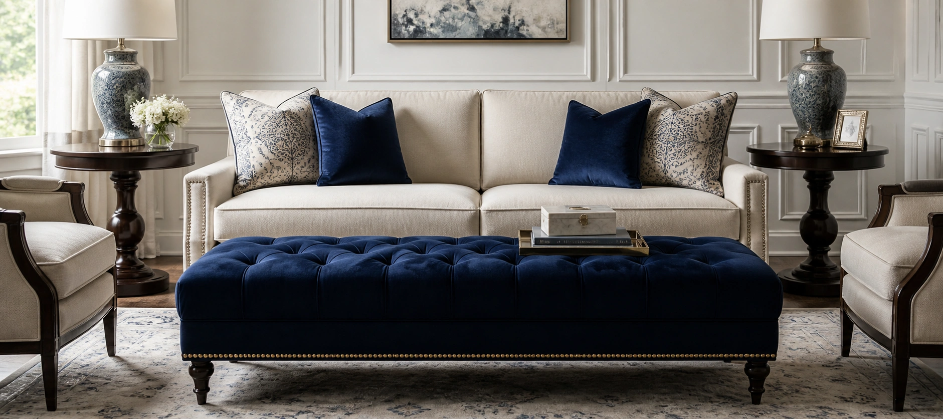 Rectangular bench ottoman placed at the foot of a sofa