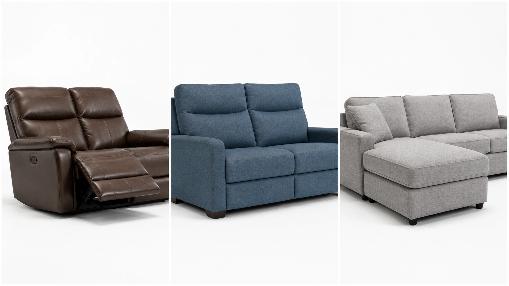 Side-by-side comparison of recliner, high-back, and modular sofa types suitable for back pain