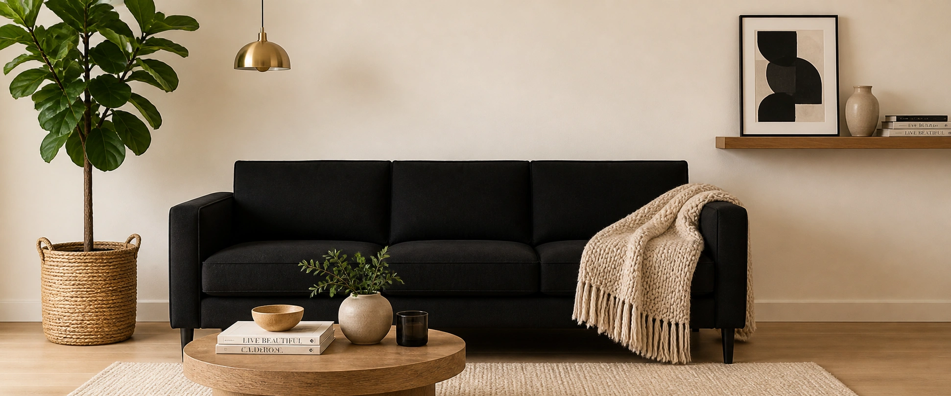 Black couch in an elegant living room with neutral decor