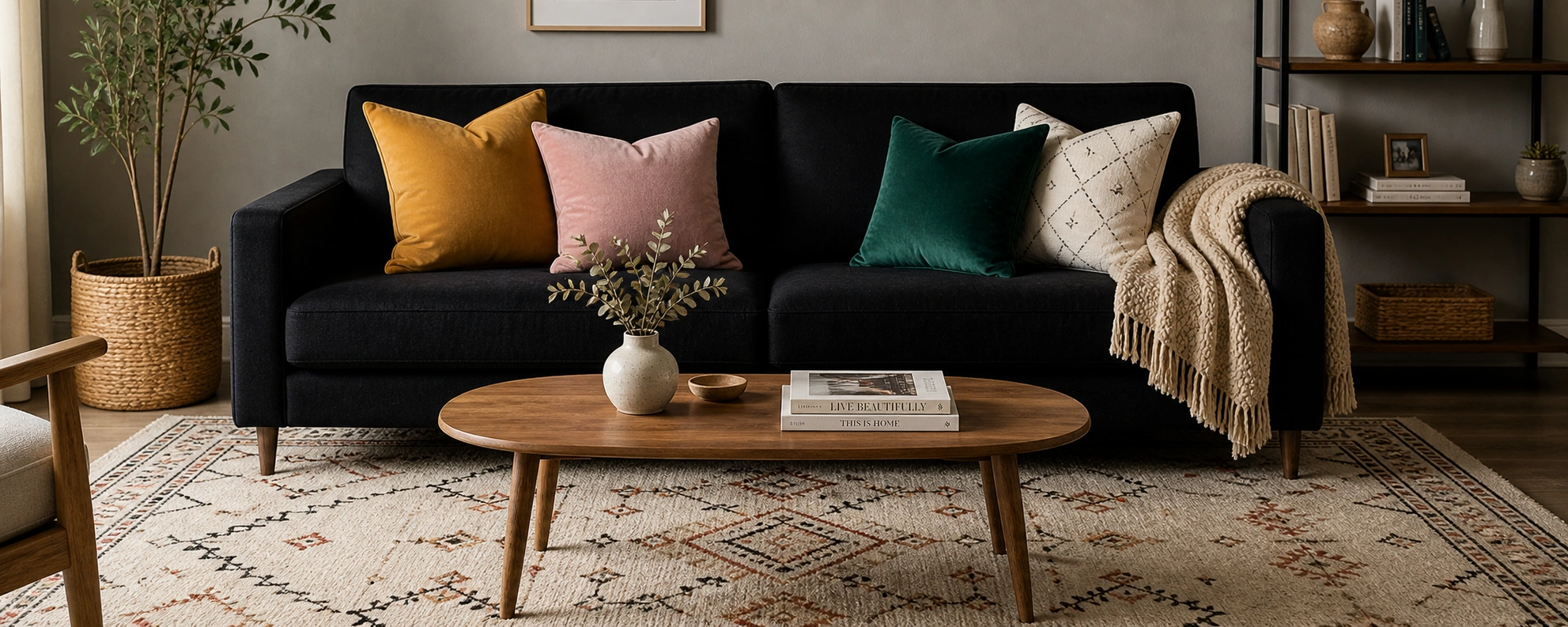 Black couch styled with colorful throw pillows and a patterned area rug