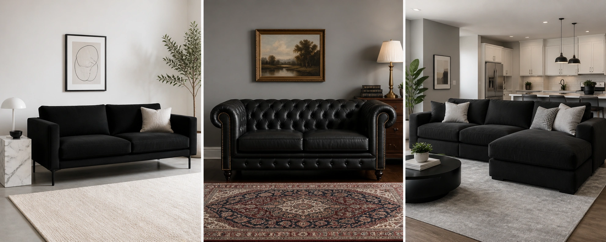 Comparison of different black couch styles including modern, chesterfield, and sectional