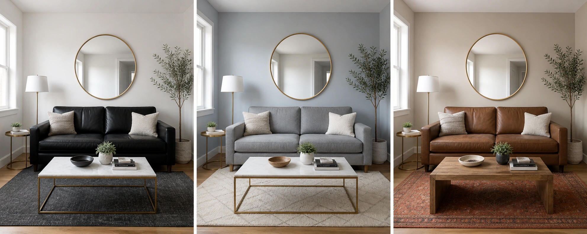 Side by side comparison of black grey and brown couches in similar room settings
