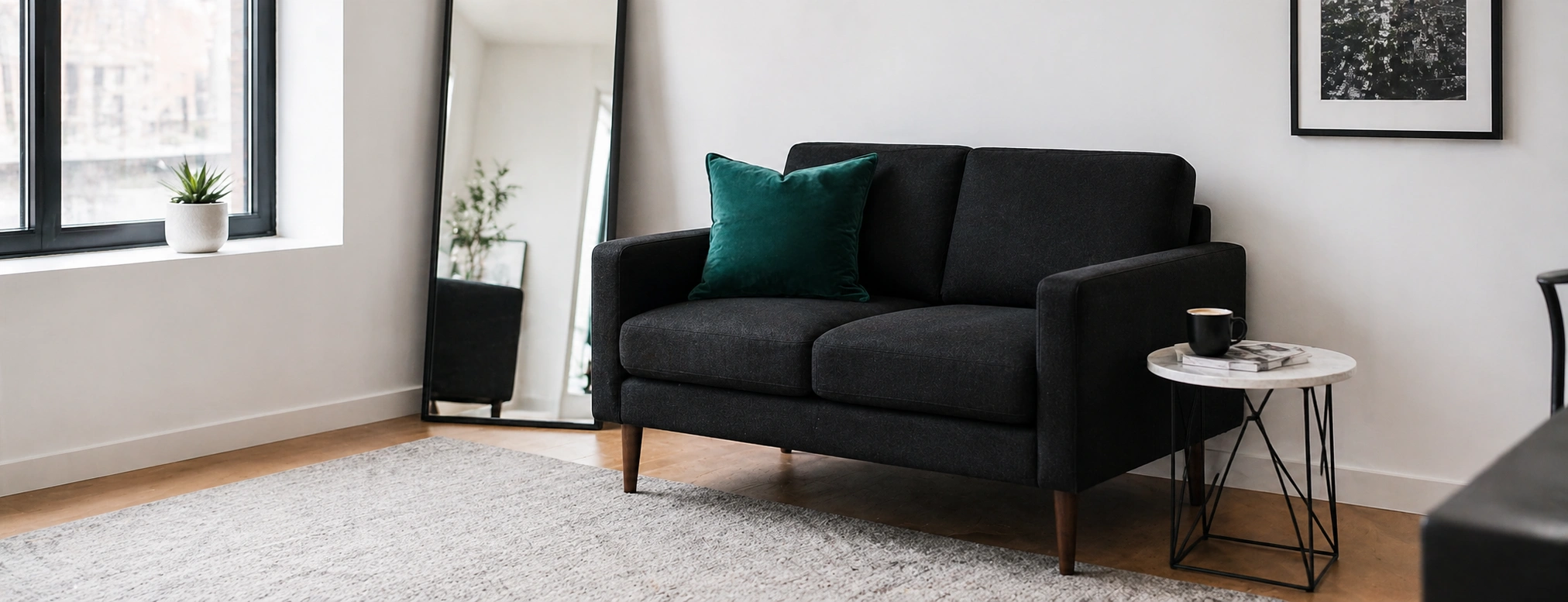 Black loveseat in a small apartment living room with light walls