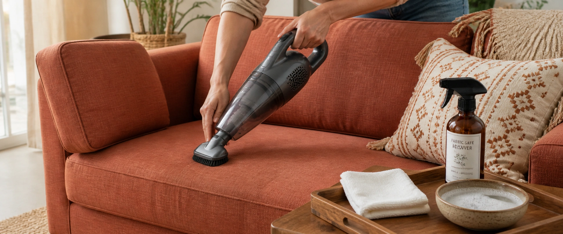 Cleaning and maintaining a bohemian fabric sofa with vacuum and fabric care products