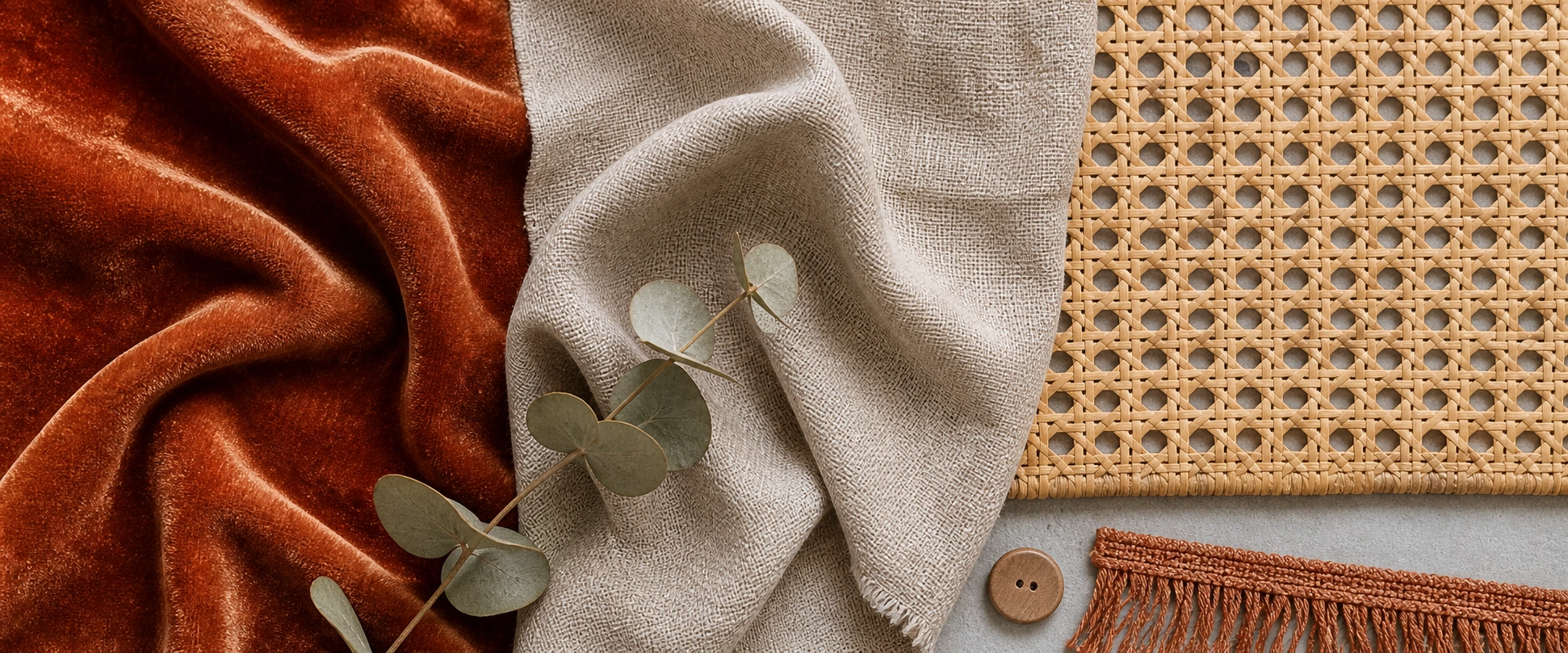Close-up detail of bohemian sofa materials showing velvet linen and woven textures