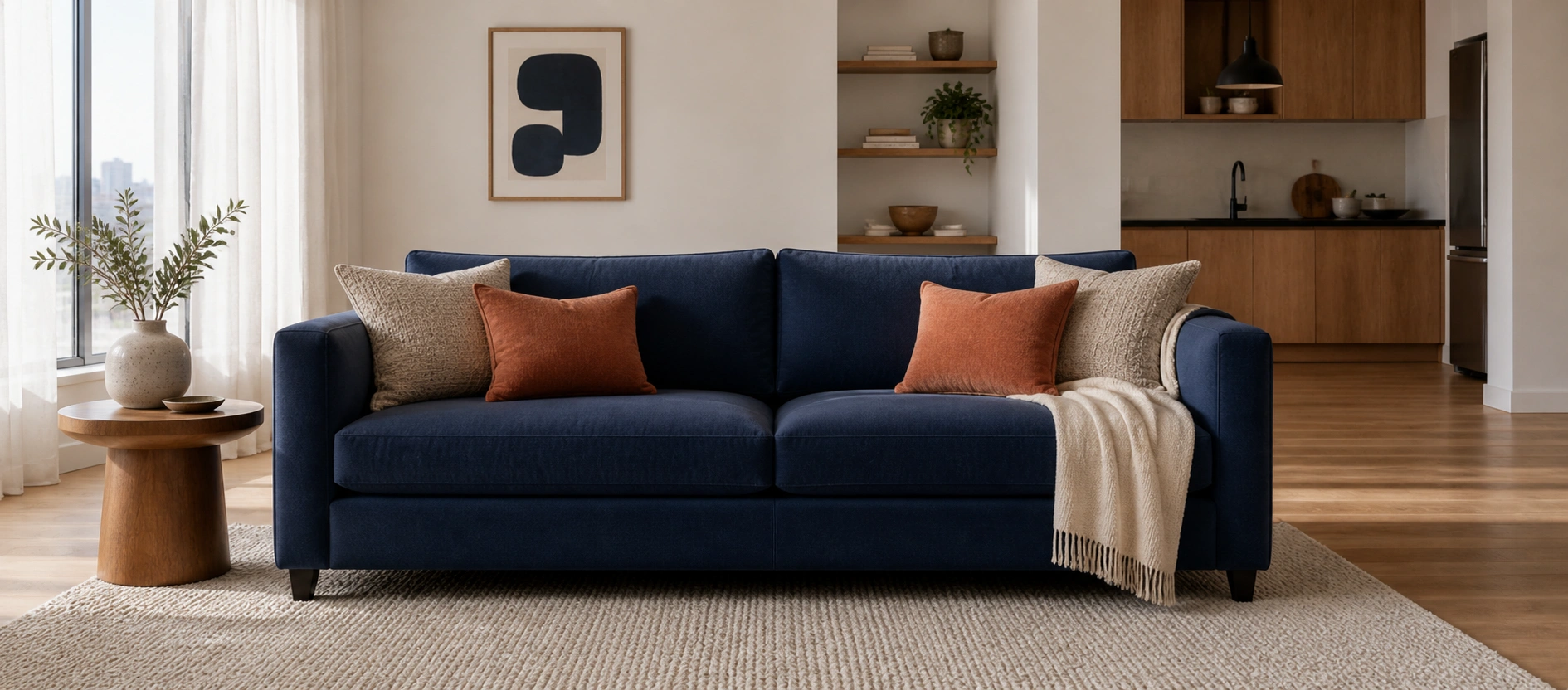 Bold blue sofa styled in a modern apartment