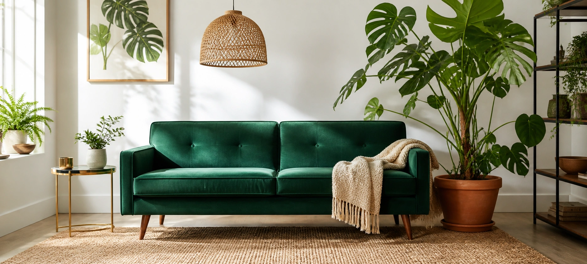 Bold emerald green sofa in a bright room