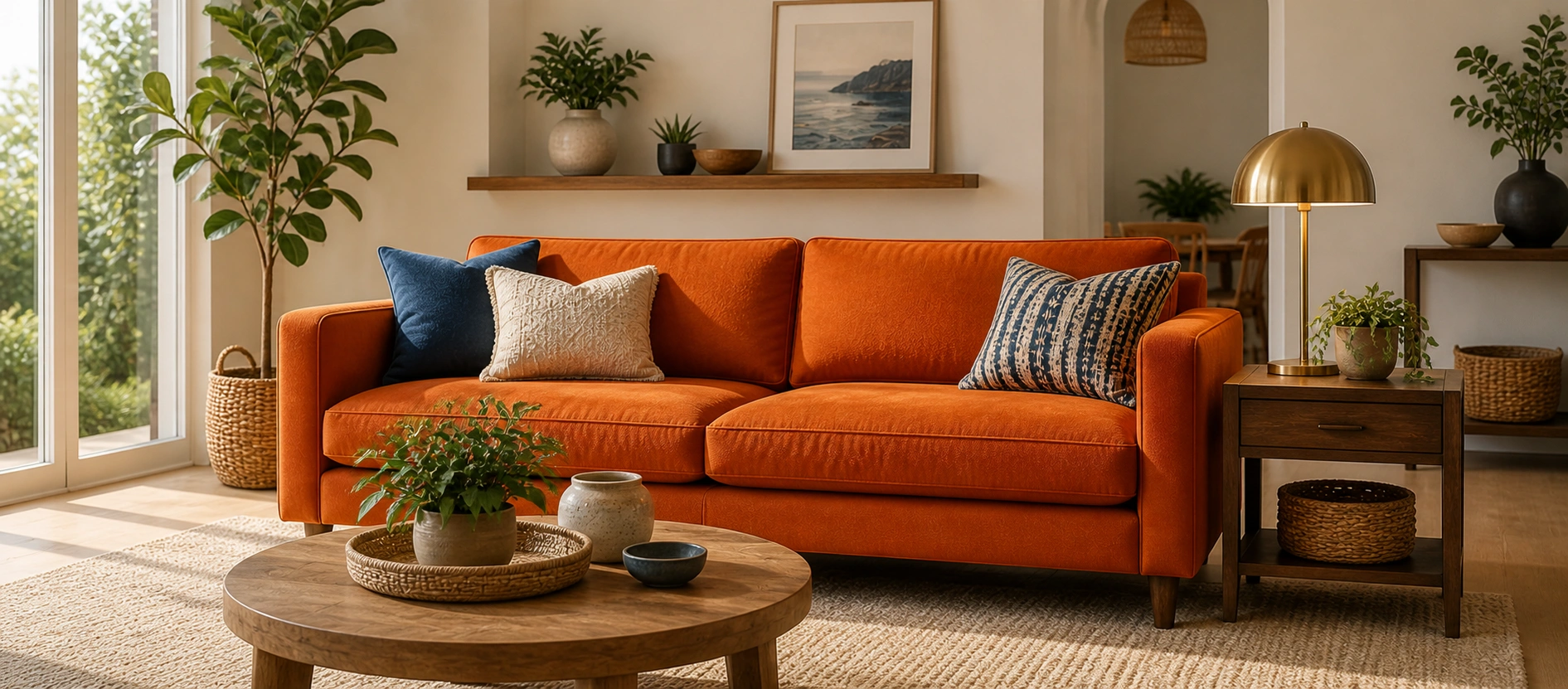 Bold orange sofa creating warm ambiance
