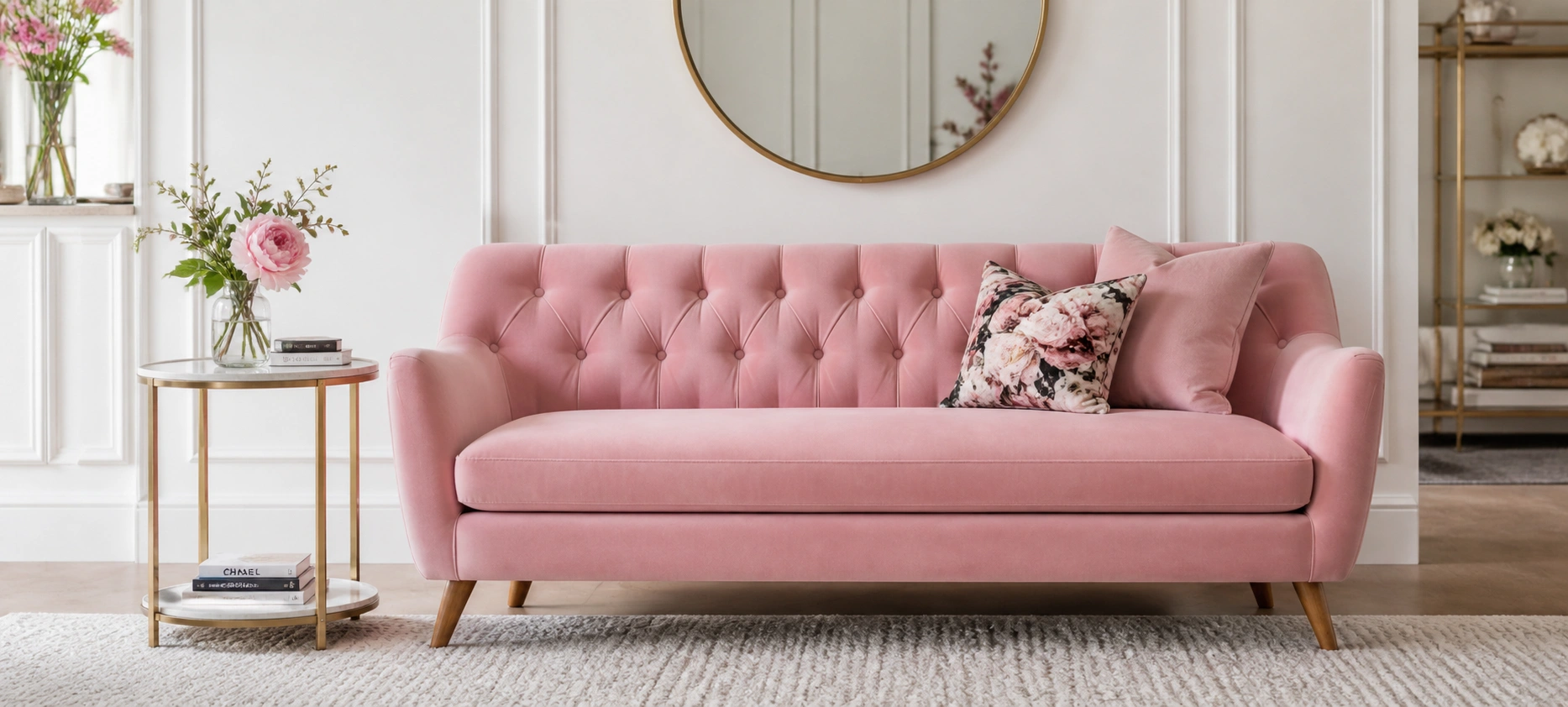 Bold pink sofa in an elegantly styled room