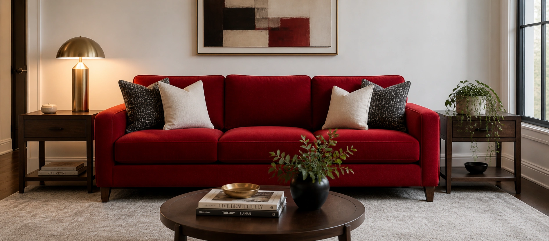 Bold red sofa in a contemporary living room