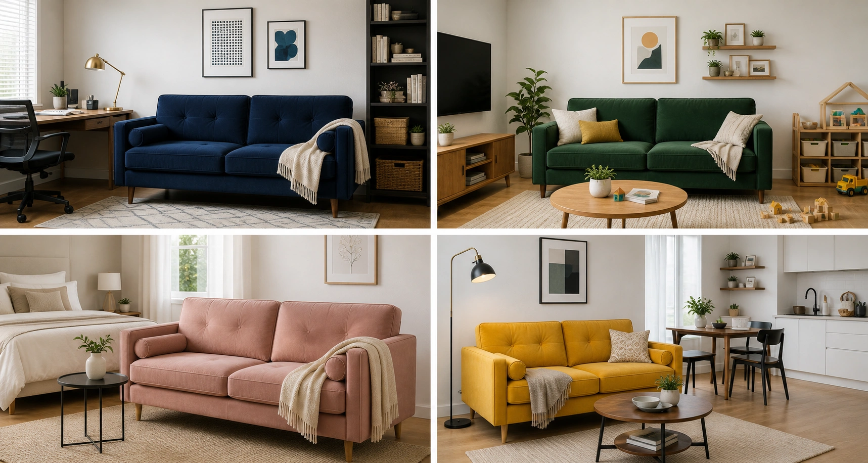 Bold colored sofas in different room settings