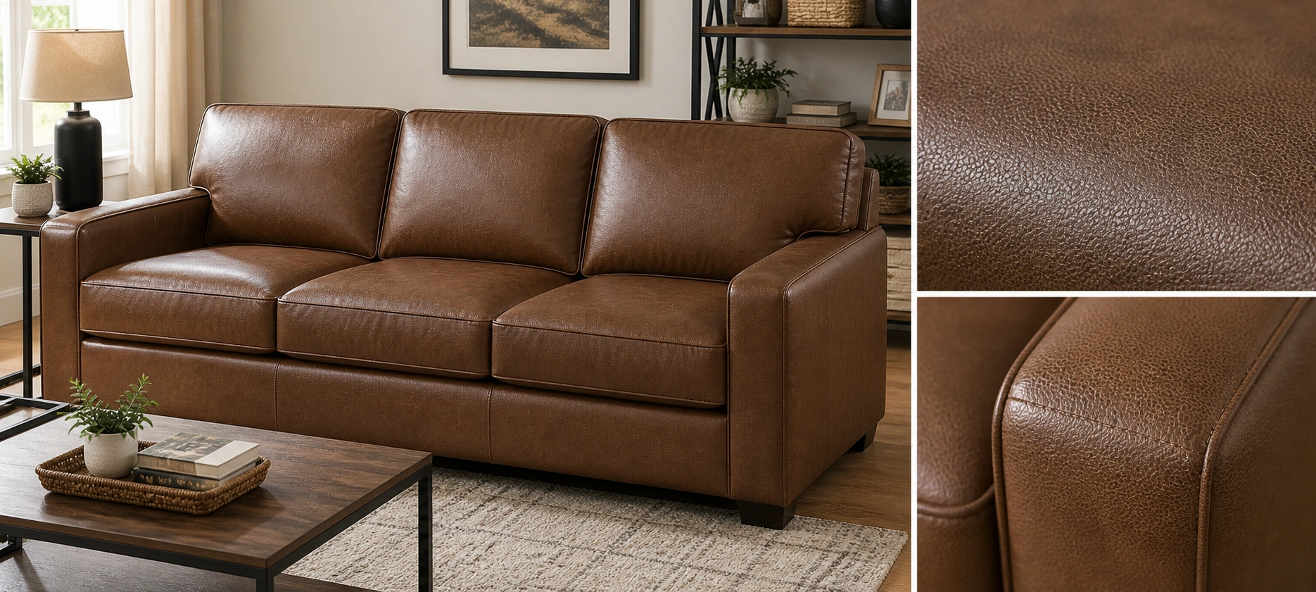 Bonded leather sofa showing surface texture and blended material composition