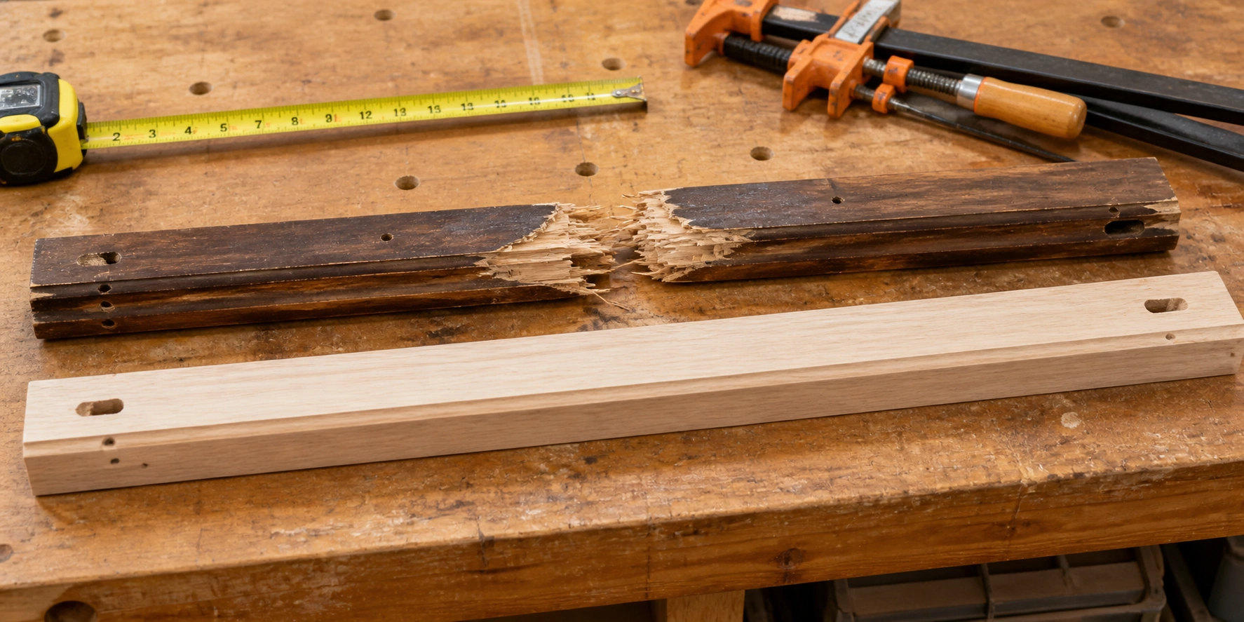 Severely broken sofa frame rail being replaced with new hardwood member