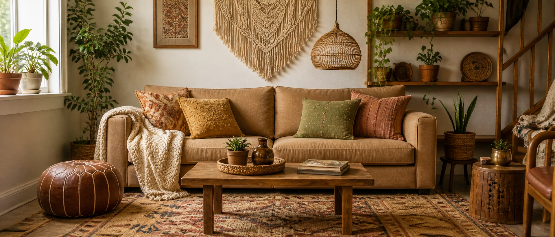 Light brown fabric couch layered with colorful textiles in a bohemian living space