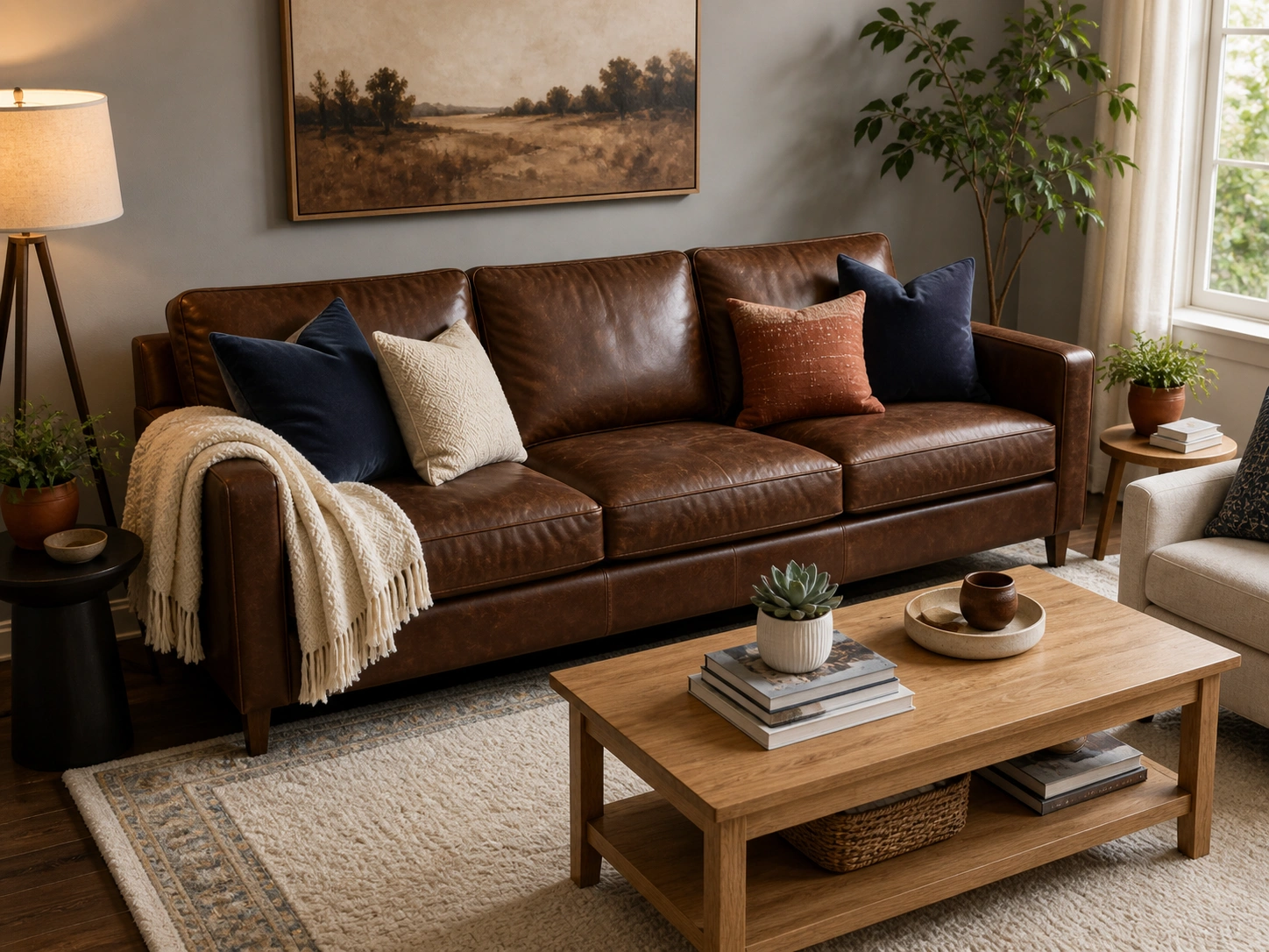 Well-decorated living room centered around a brown couch with complementary pillows rug and artwork