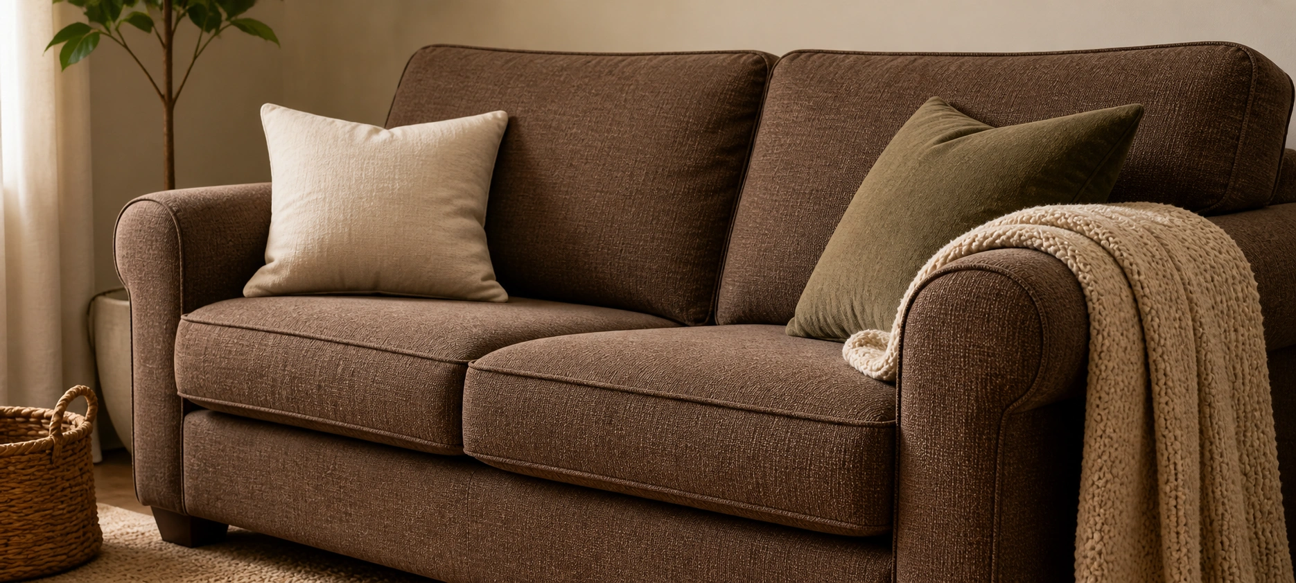 Brown fabric couch with soft textured upholstery in a cozy living room