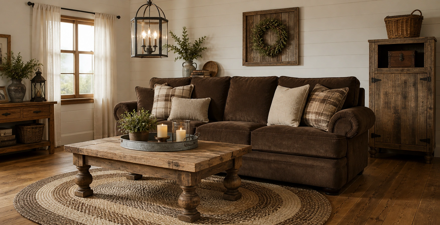 Chocolate brown couch in a farmhouse style room with shiplap walls and rustic wood elements