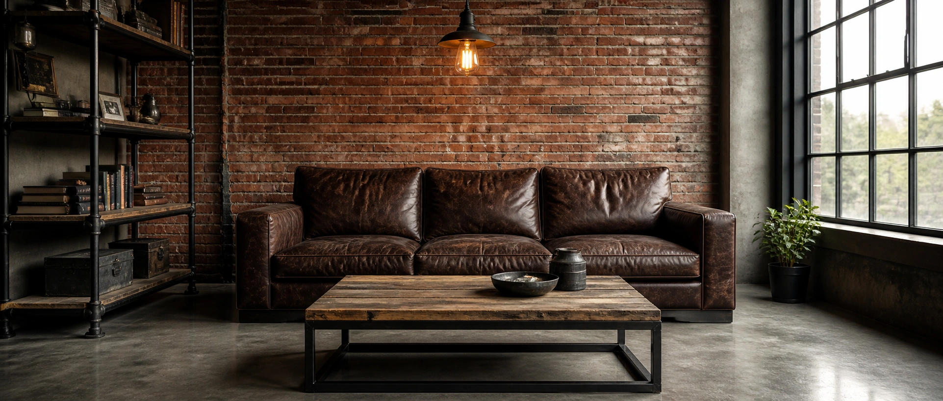 Dark brown leather couch in an industrial loft with exposed brick and metal accents