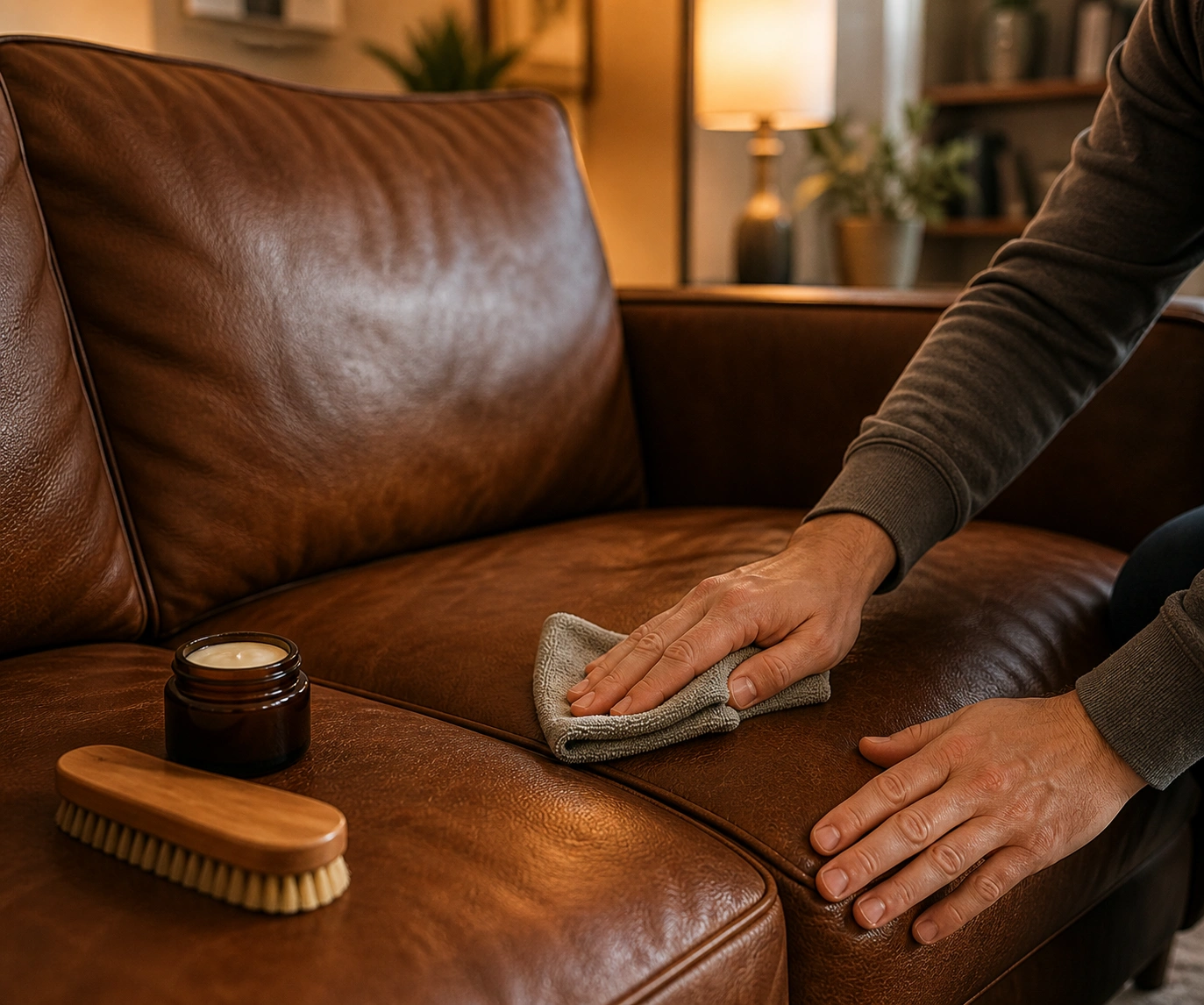 Person cleaning and conditioning a brown leather couch with proper cleaning supplies