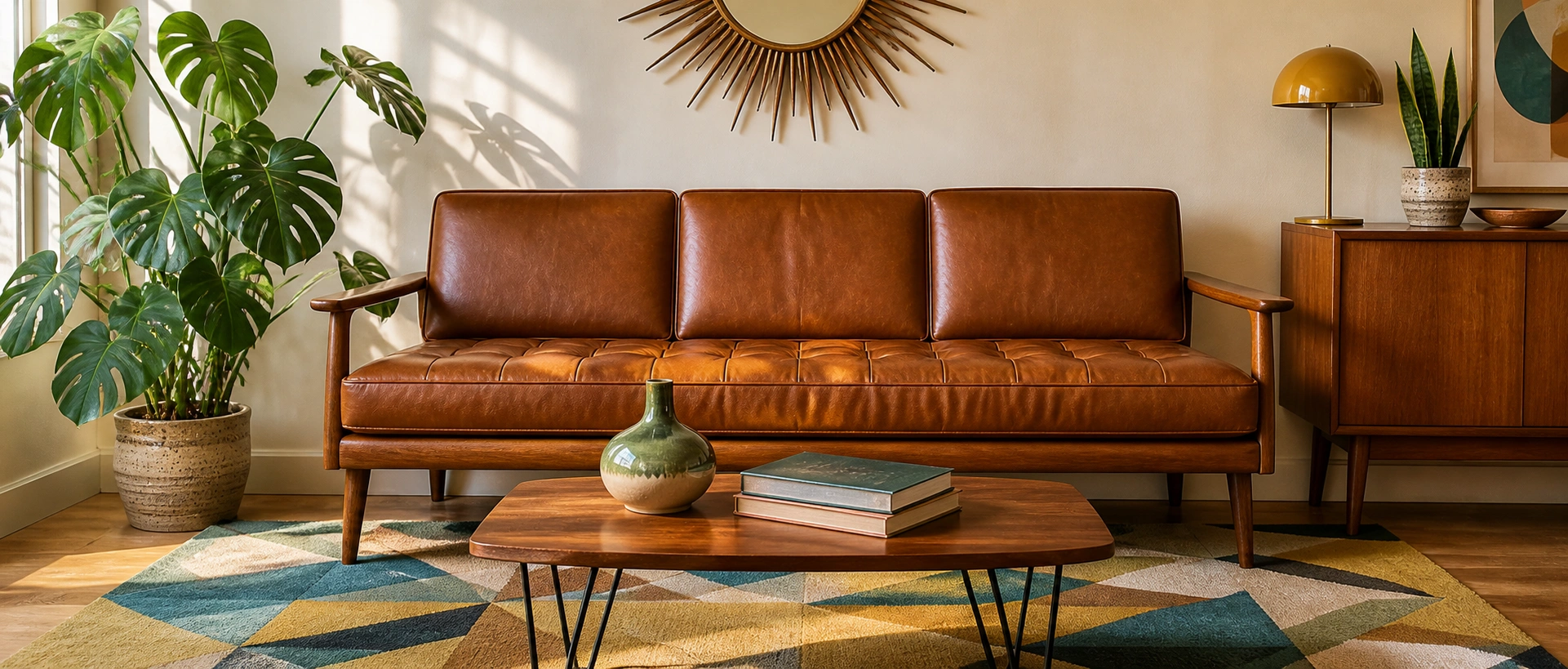 Brown leather mid-century modern couch with walnut wood frame and retro decor