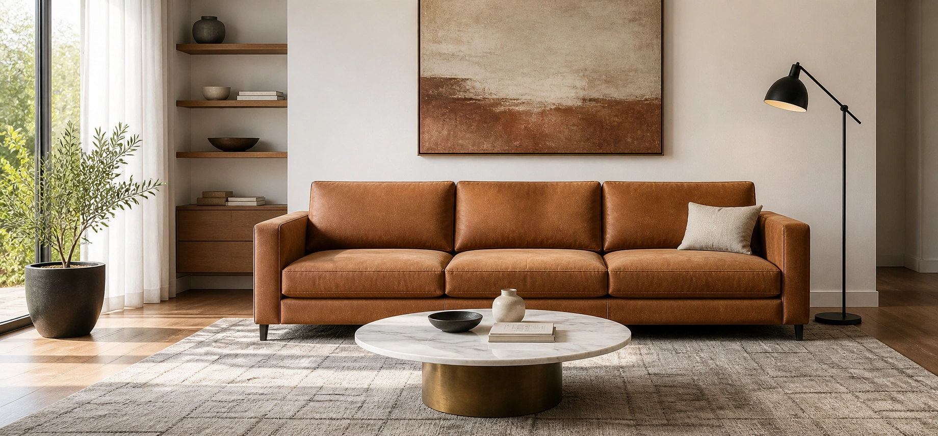 Brown couch styled in a modern minimalist living room with clean lines and neutral palette