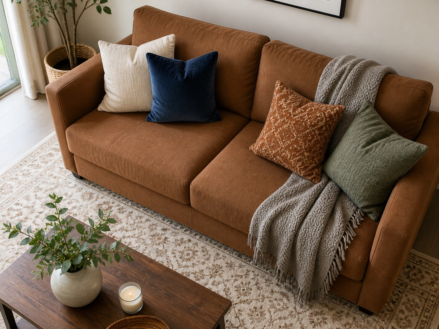 Brown couch styled with throw pillows area rug and coffee table in a cohesive living room