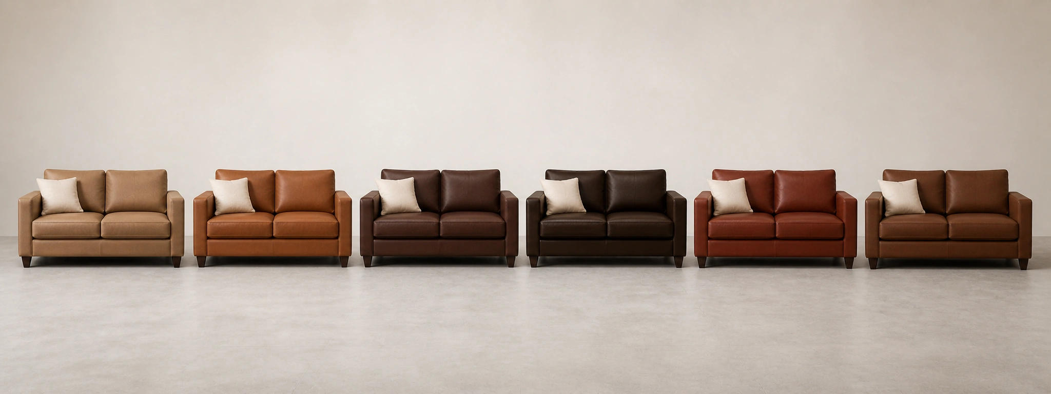 Side by side comparison of different brown couch shades from tan to espresso in a neutral room setting