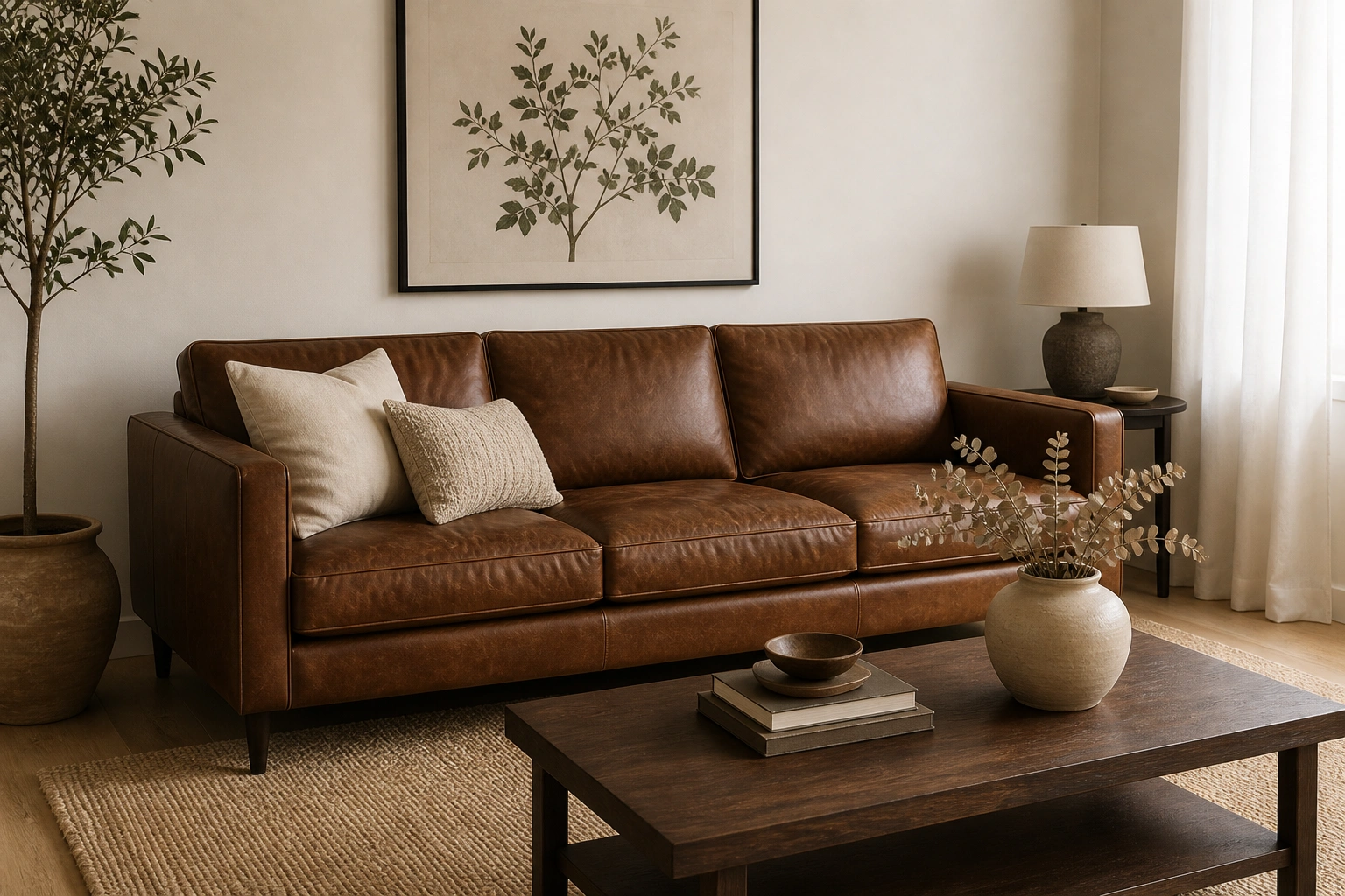 Brown leather couch in a well-styled living room with warm lighting and natural wood accents