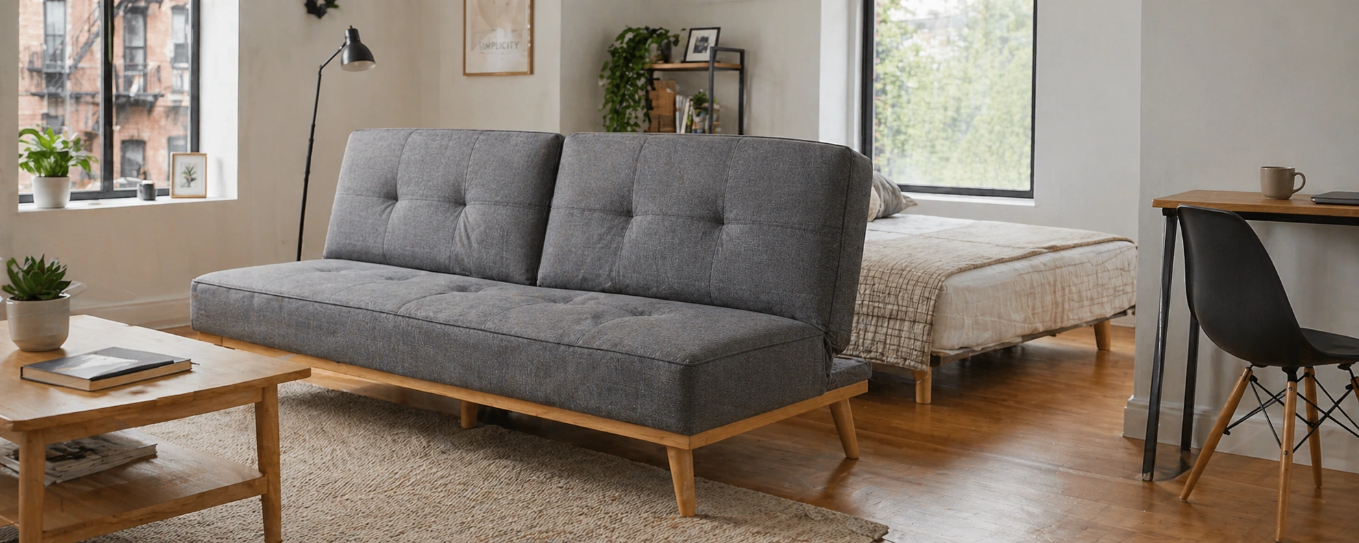 Budget futon sofa in a multifunctional room