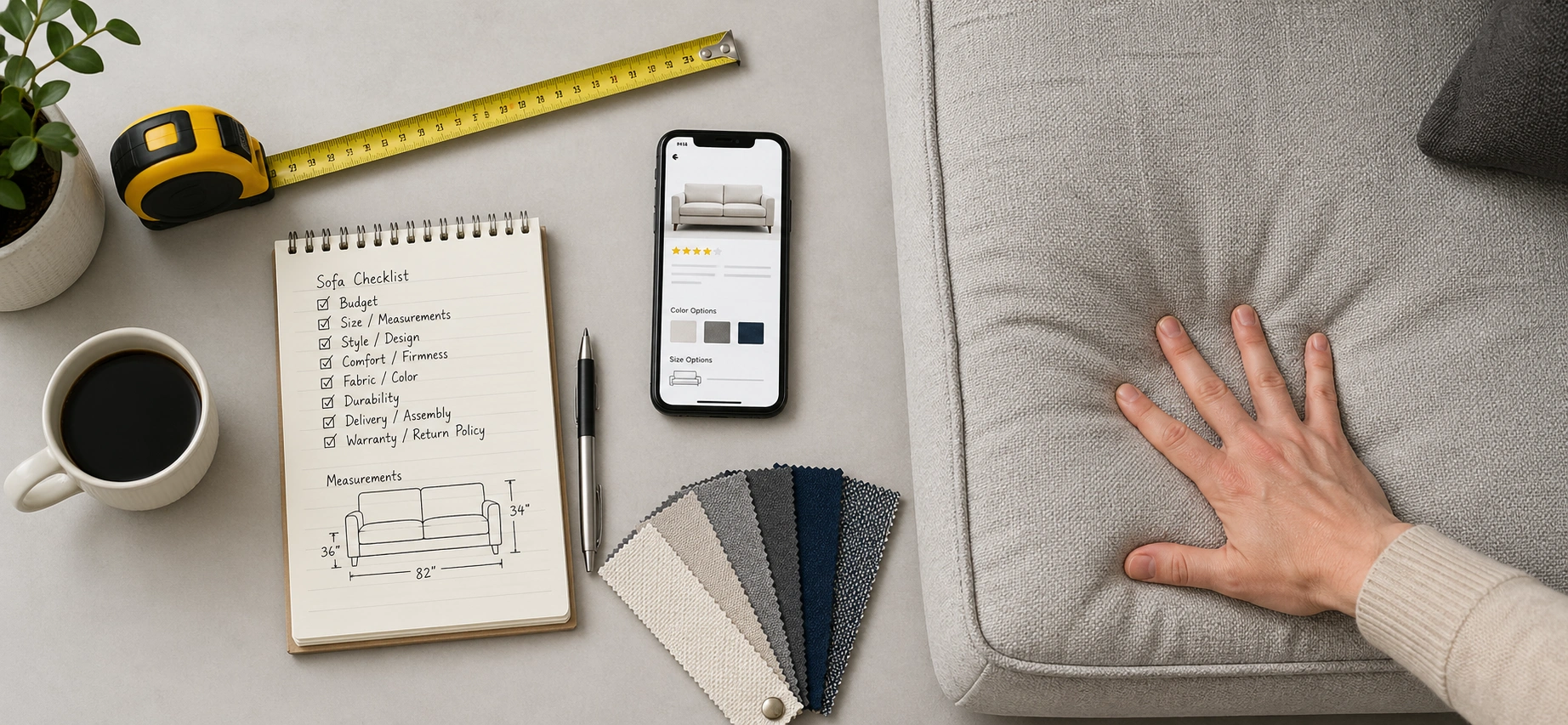Printable budget sofa buying checklist with pen
