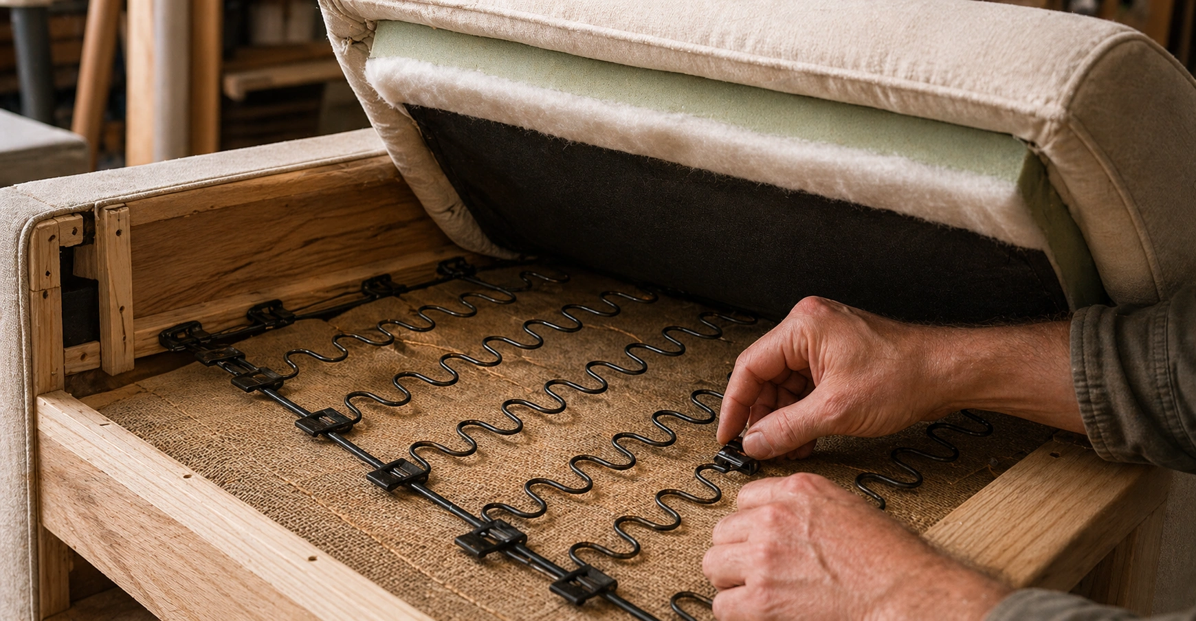 Interior construction detail of a budget sofa showing frame and springs