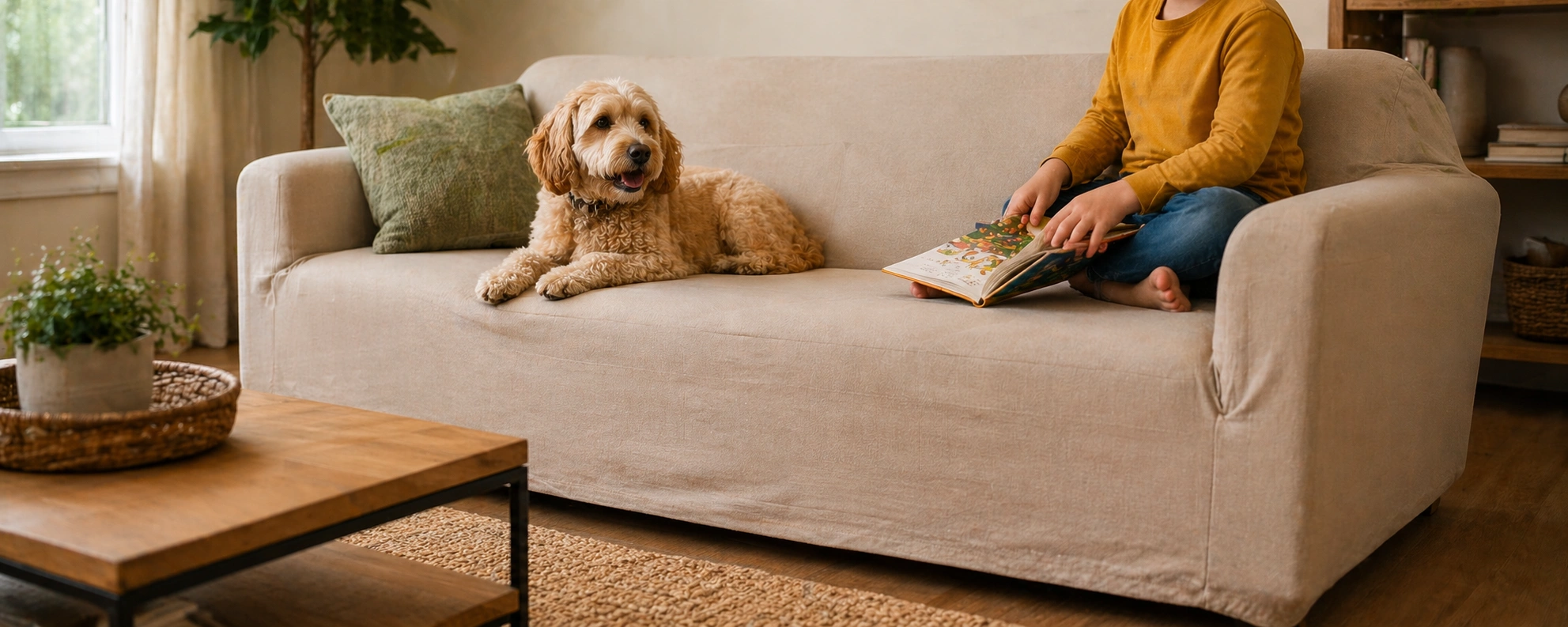 Sofa cover protecting budget sofa from pets and spills
