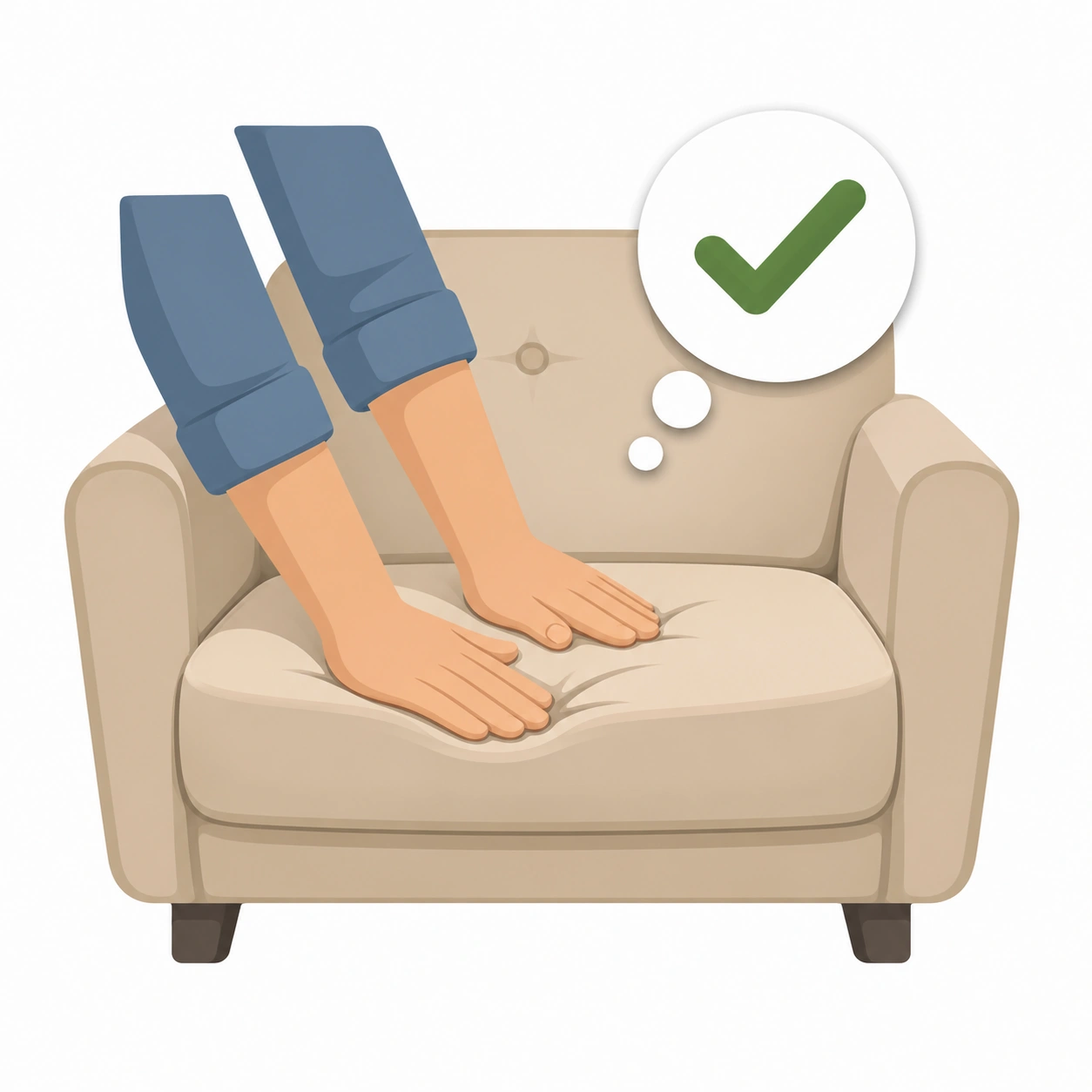 Person inspecting sofa stitching and frame quality in store