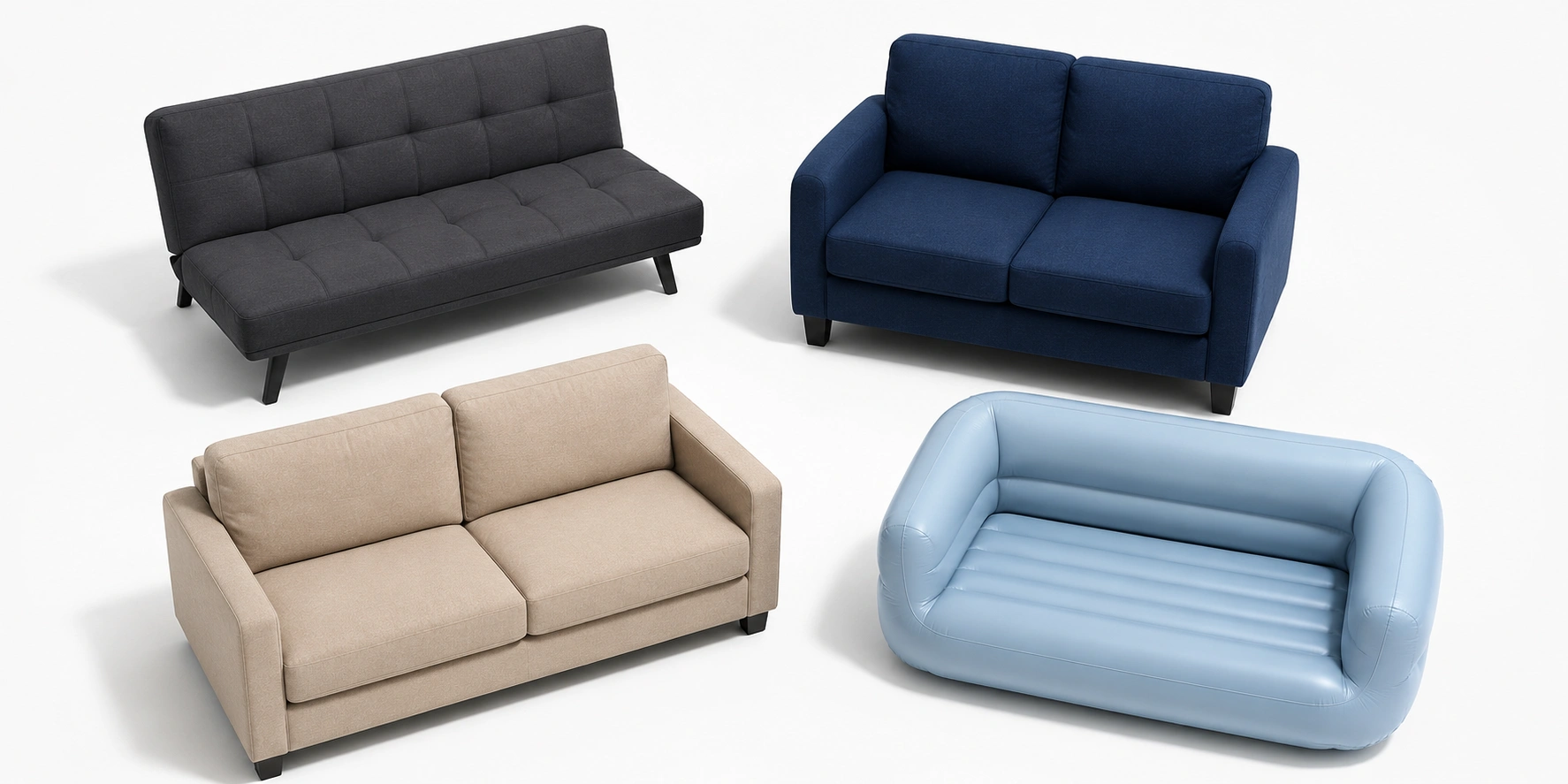Different budget-friendly sofa types including loveseat futon and apartment sofa