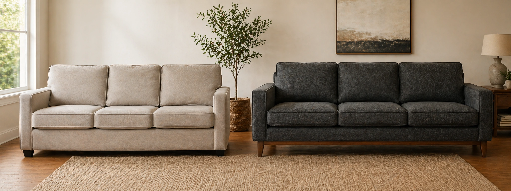 Budget sofa next to premium sofa showing visual and quality differences