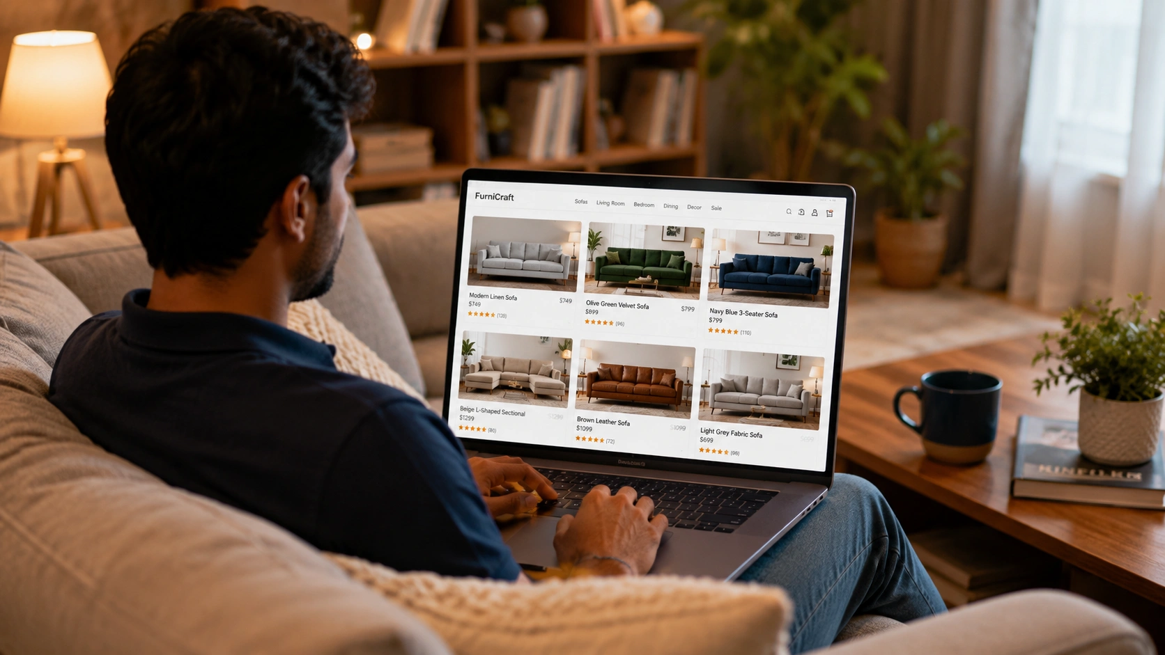 Person browsing sofas for sale on a laptop at home