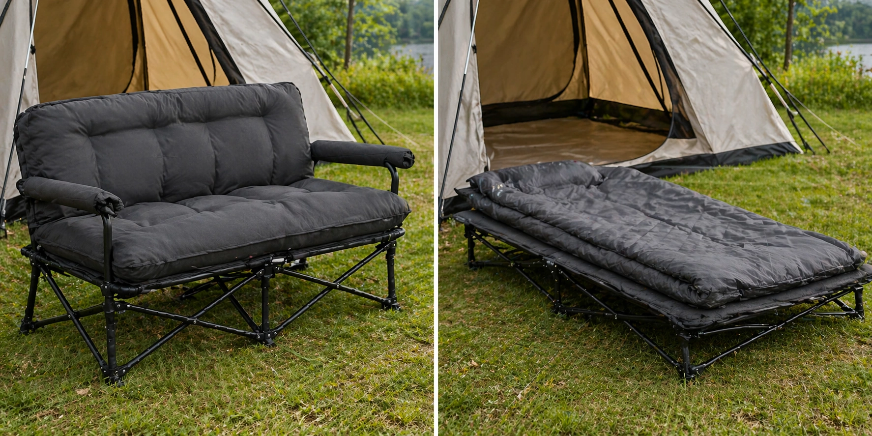 Camping sofa that converts into a flat sleeping pad