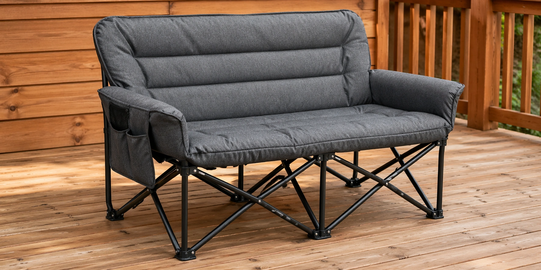 Folding frame camping sofa with steel legs and fabric seat
