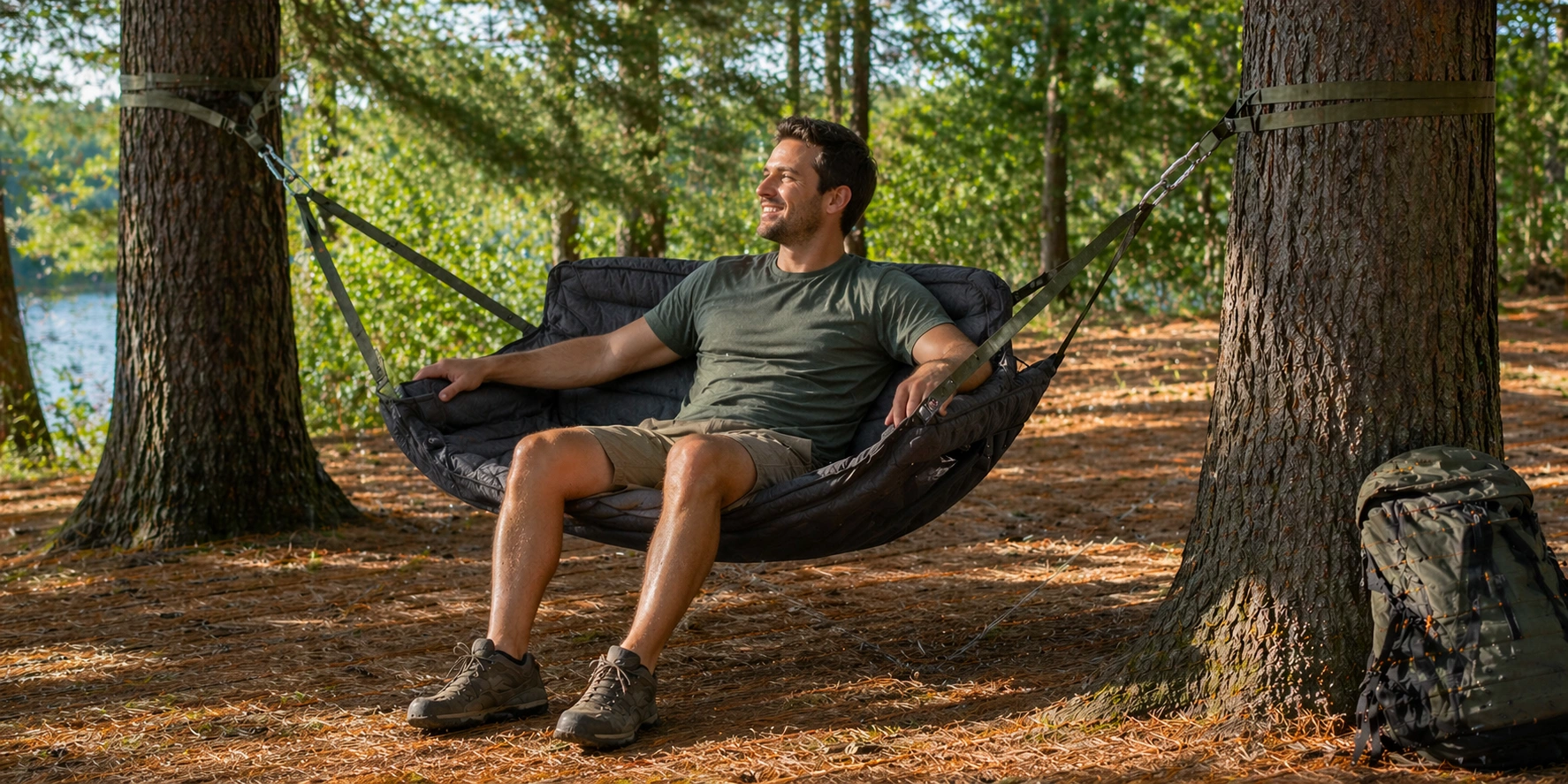 Hammock-style camping chair suspended between trees