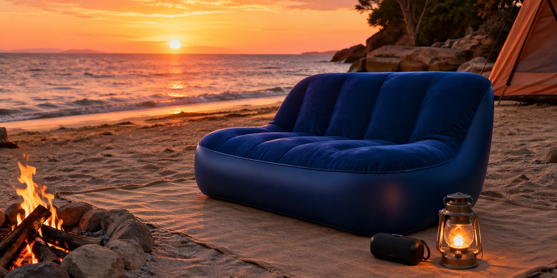 Inflatable camping sofa with flocked surface near a campfire