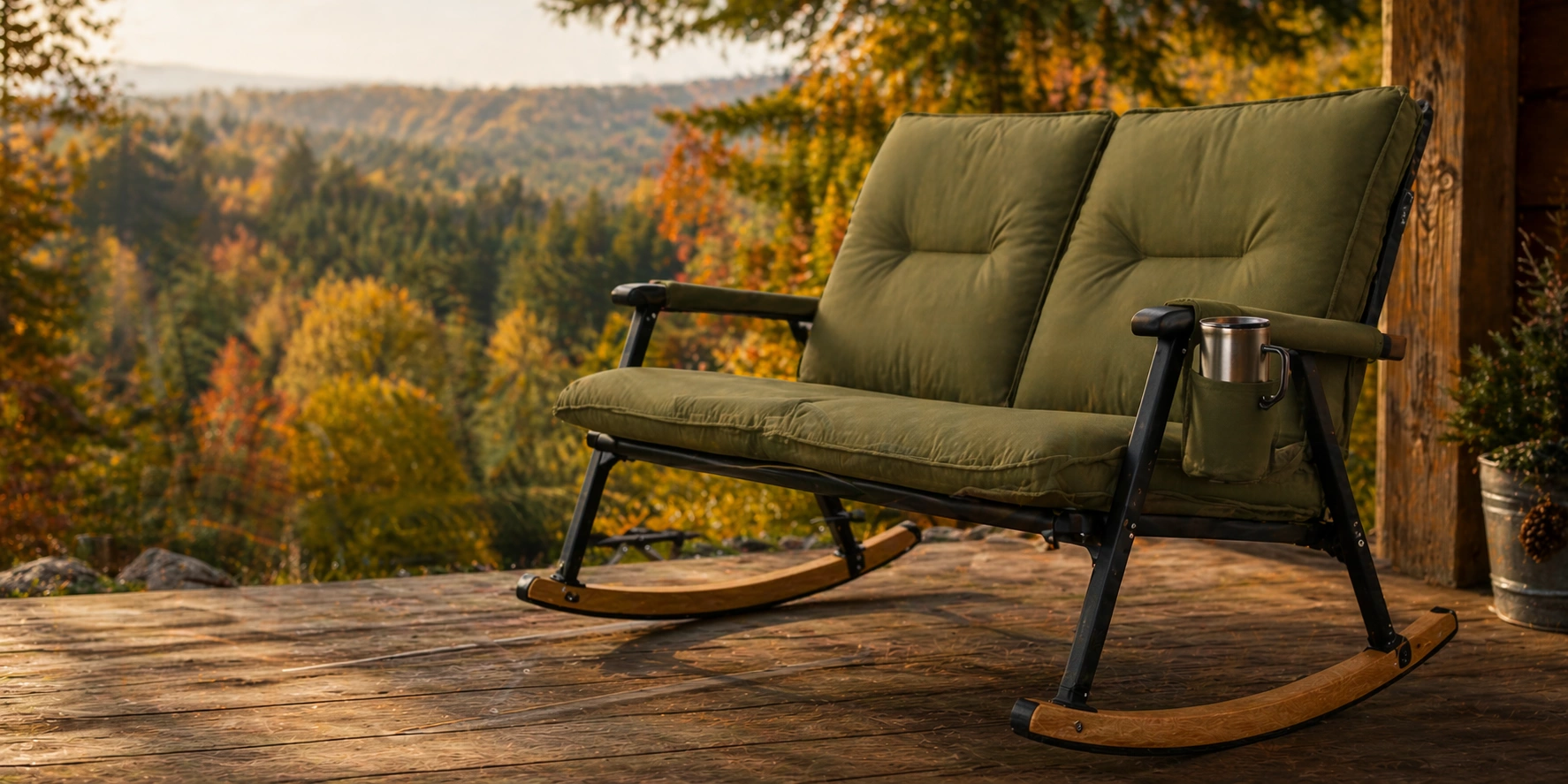 Rocking camping sofa on a wooden deck outdoors