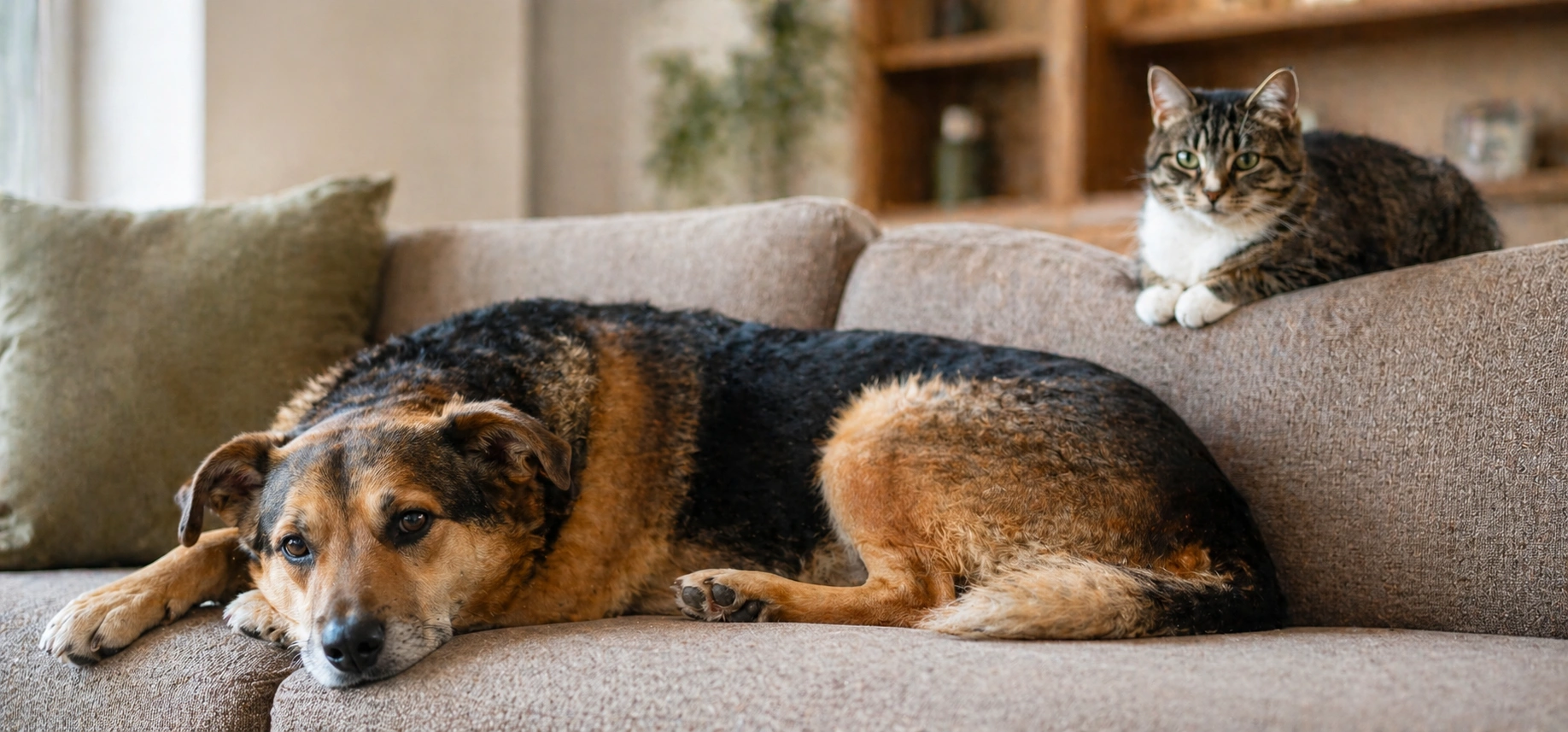 Cat and dog sitting together on a pet-friendly sofa