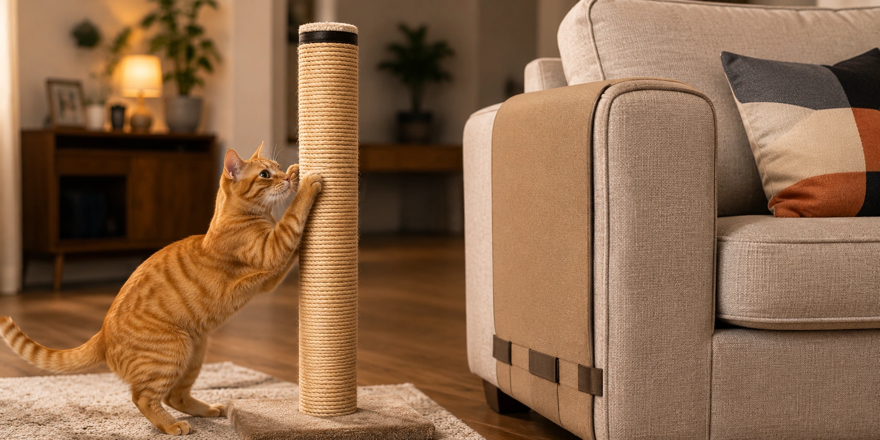 Cat scratch-resistant arm protector wrapped around a sofa arm next to a scratching post