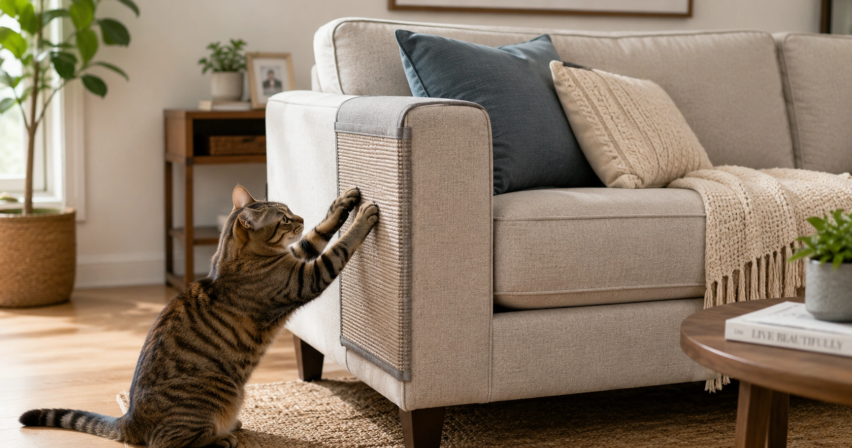 Cat near sofa corner with scratch guard protector installed